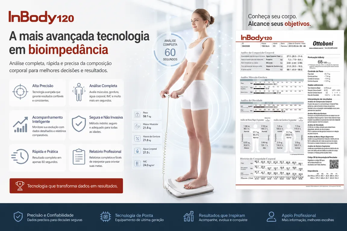 Equipamento de bioimpedância InBody120 com exemplo de relatório de composição corporal