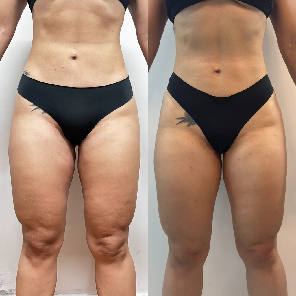 Antes e depois de endolaser em coxas e culote, vista frontal