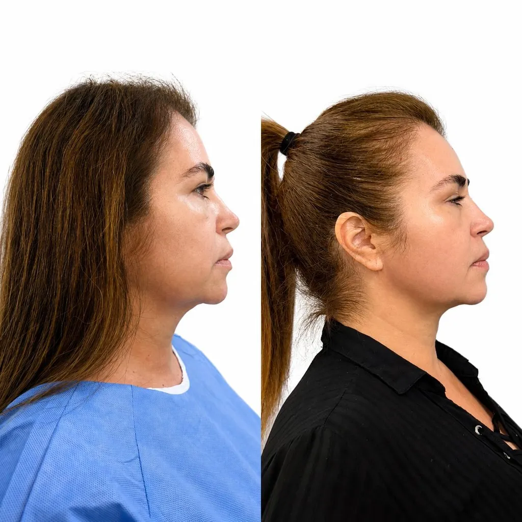 Antes e depois de endolaser em papada e pescoço, perfil da paciente